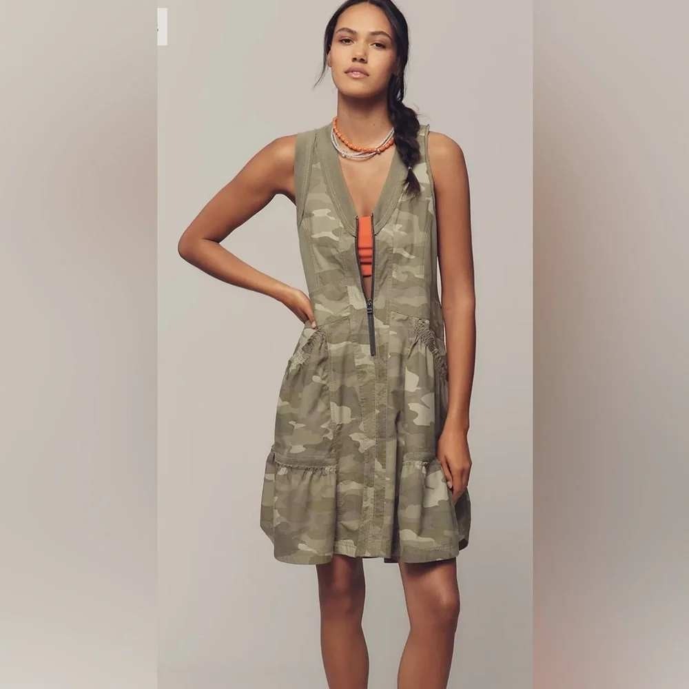 Daily Practice Anthropologie Dress Women S Green Camo Zip Front Mesh Mini Exc